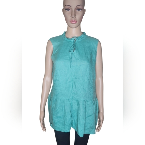Quebramar Tops - NWT Quebramar women's turquoise green linen tie - neck peplum preppy blouse XL